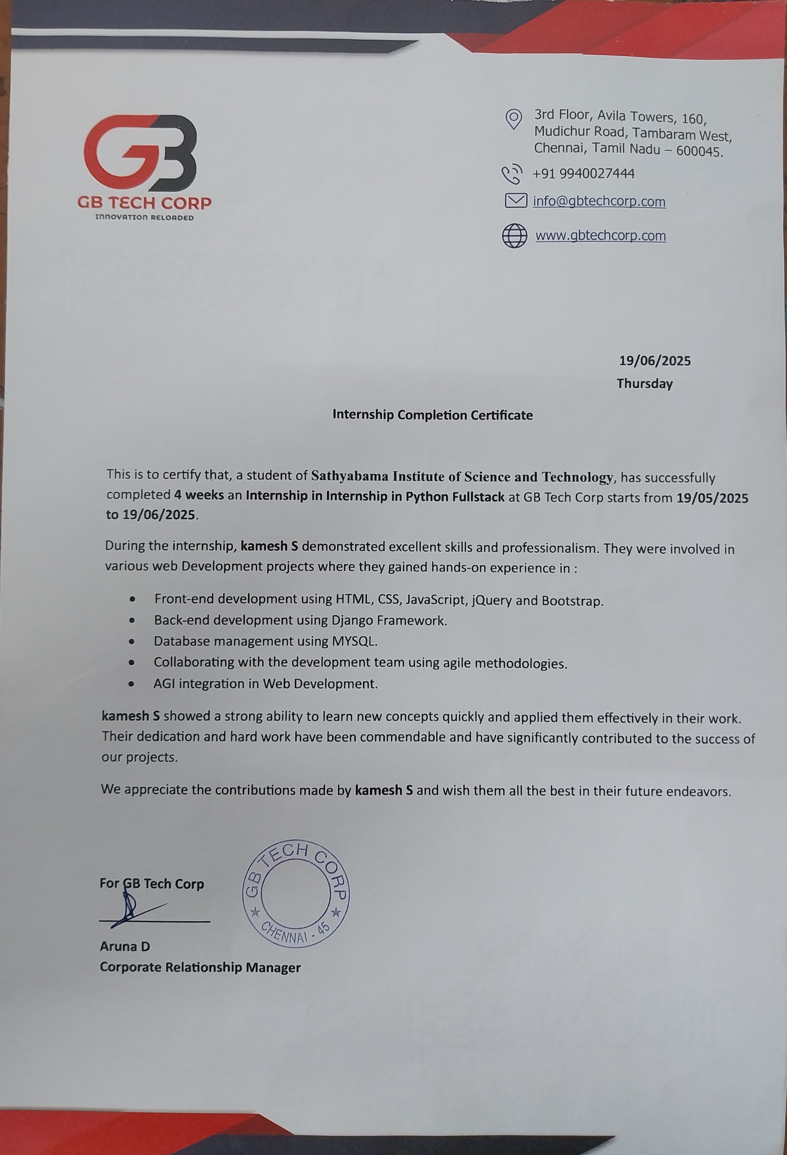 GB Tech Corp Internship